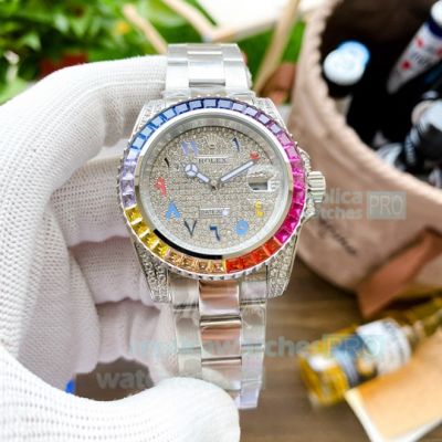 Replica Rolex Datejust 40mm Arab Dial Rainbow Bezel Oyster Band Watch